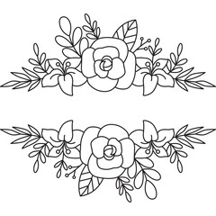 Elegant floral line art design with blooming roses and leaves on a transparent background for decorative purposes
