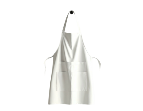 A white apron hangs against a black background, highlighting the fabric and its pocket