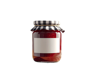 A jar of red preserves, with a white label, is sealed with checkered fabric and a twine
