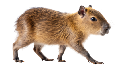 Adorable baby capybara walking side view cute rodent wildlife photography isolated cute animal