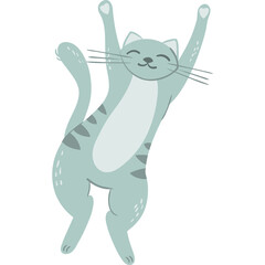 Pixelated light blue tabby cat with green eyes and stripes on tail and body dancing with arms raised in a joyful pose against a white background
