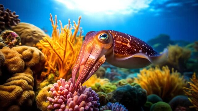 Majestic Cuttlefish Swimming Near Coral Reef with Underwater Paradise, and Marine Life Concept.