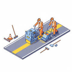 Isometric Road Painting Crew with Equipment – Tim Marka Jalan Isometrik Vector