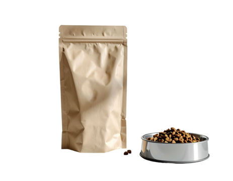 A brown paper pouch sits beside a metal pet bowl filled with dry food against a black backdrop