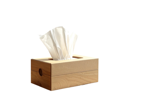 A rectangular box of facial tissues with tissues partially pulled out, isolated on a black background