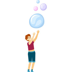Pixel Art Of A Young Boy In A Red Shirt And Blue Shorts Reaching Up To Catch Floating Bubbles On A White Background
