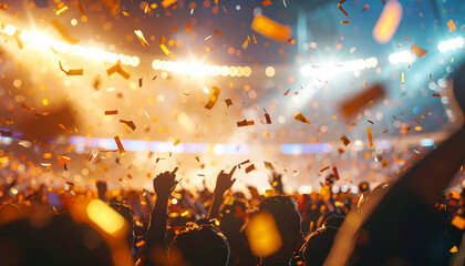 Golden Confetti Shower: An exuberant crowd surges with energy beneath a shower of golden confetti, illuminated by the bright stage lights of a live event, a moment of sheer celebration and jubilation.