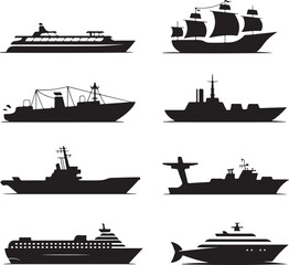 Fototapeta premium Collection of various ship silhouette vector illustration black and white design