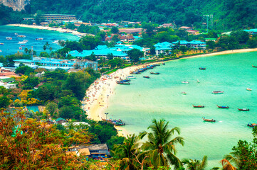 Thailand. Phi-Phi island viewpoint Krabi Province. Famous Koh Phi-Phi Don island with white sand beach and turquoise water under blue sky. View at viewpoint of Phi Phi island in Krabi, Thailand.