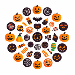 A circular arrangement of Halloween-themed icons including pumpkins, candy, bats, and spiderwebs on a white background.