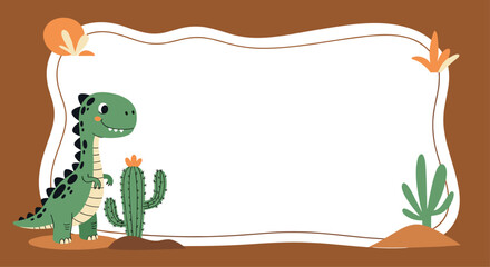 Cute dinosaur and cactus border with playful elements.