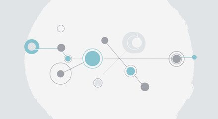 Minimalist abstract graphic of a digital network with interconnected teal and grey nodes and lines.