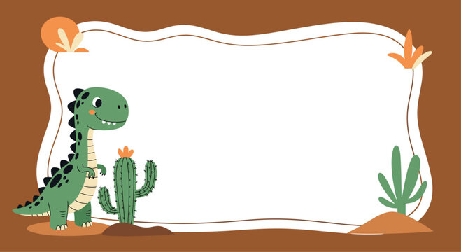 Cute dinosaur and cactus border with playful elements.