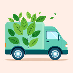 A light green delivery truck is filled with green leaves, symbolizing eco-friendly transport and environmental consciousness.