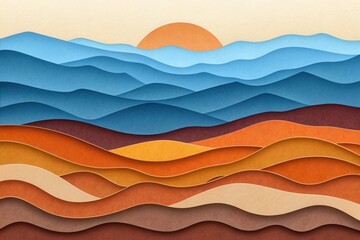 Fototapeta premium Paper cut landscape with sun rising over blue mountains and orange hills
