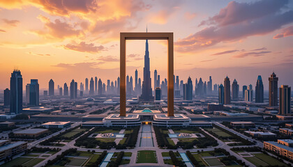 Dubai skyline at sunset with the dubai frame in the foreground offering a unique perspective of the city