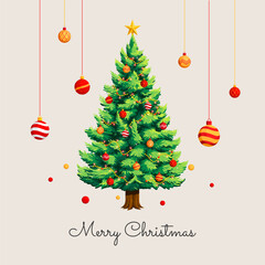 Beautiful Decorated Christmas Tree with Christmas ball Ornaments and Star, A Festive Holiday Greeting for Merry Christmas Celebration, vector illustration
