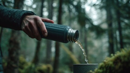 Adventurer's Hand Pouring Warm Drink from Dew-Kissed Thermos into Cup in Lush, Misty Forest