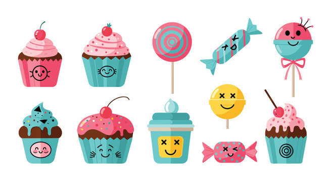 Cute pixel art cupcakes and candies with happy faces. - Powered by Adobe