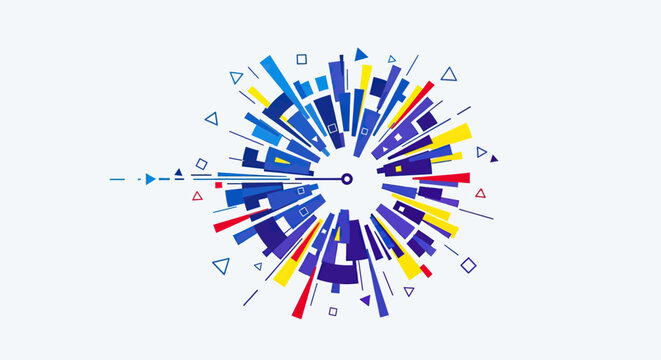 Dynamic abstract geometric burst of blue, yellow, red rectangles, triangles, and lines radiating from a central point.