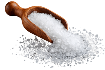 Coarse sea salt crystals with wooden scoop