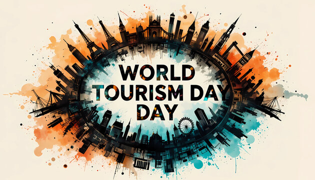 World tourism day illustration with watercolor splash and global city skyline, promoting travel and culture