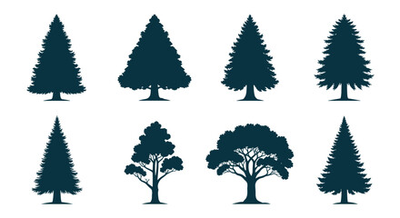 Obraz premium Eight different types of silhouette trees in pixel art style.