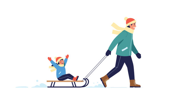 A father pulls his daughter on a sled through the snow.