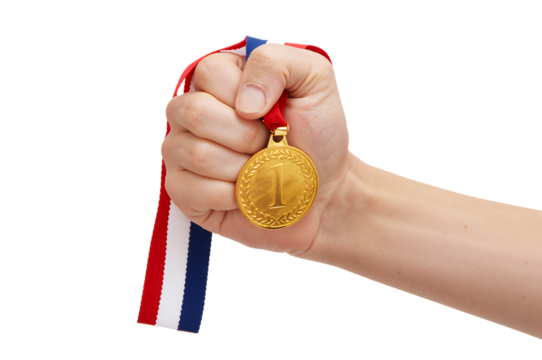 Hand holding gold medal champion victory