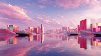 Fototapeta premium Dreamlike pastel landscape in pink and blue vaporwave colors with abstract futuristic buildings by the water and reflection