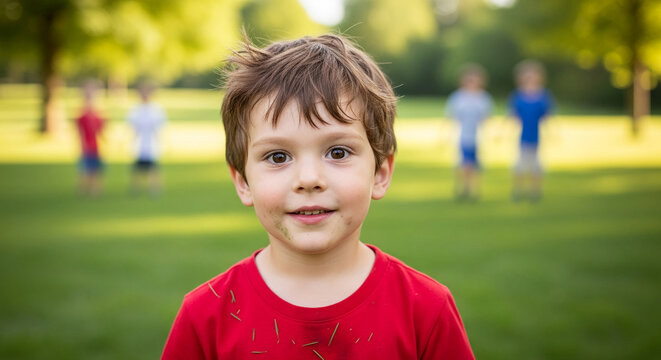 Close-up of a young boy with brown hair and a red shirt, grass on his face, representing childhood joy, freedom, and carefree spirit in outdoor activity