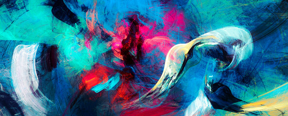 Abstract bright color digital painting art. Modern futuristic colorful dynamic grainy background. Artistic cover design with vibrant colors. Fractal artwork