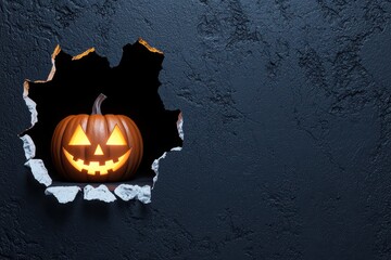 Fototapeta premium Halloween concept. Glowing Halloween Pumpkin Behind Cracked Wall with Spooky Vibe for Seasonal Decor and Festive Celebration Ideas