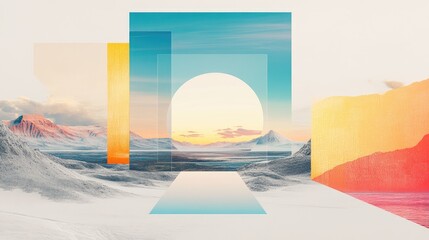 Futuristic landscape collage merging geometric shapes, vibrant colors, snow-capped peaks, illuminating sunlight
