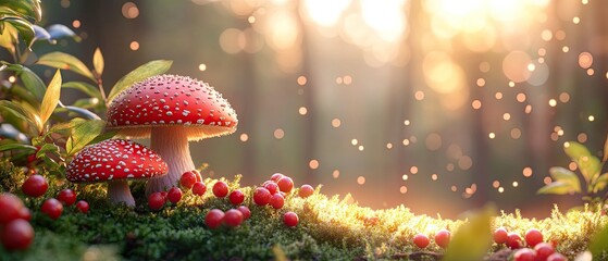 Vibrant fly agaric mushrooms nestling amid moss-covered ground, scarlet berries gleaming near golden forest bokeh