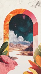 Surreal collage showcasing desert landscape with mountains, river, moon, and starry sky viewed through an archway, combined with tropical plants and vibrant colors
