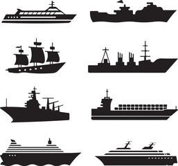 Variety of Ship Silhouettes Illustration of Naval and Commercial Vessels