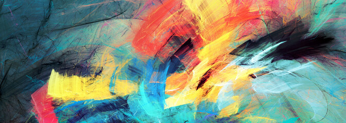 Modern paint patter in trendy color Aquatic Awe, Sunset Coral. Bright multicolor artistic strokes. Abstract painting colorful texture. Dynamic watercolor background. Fractal artwork for creative graph