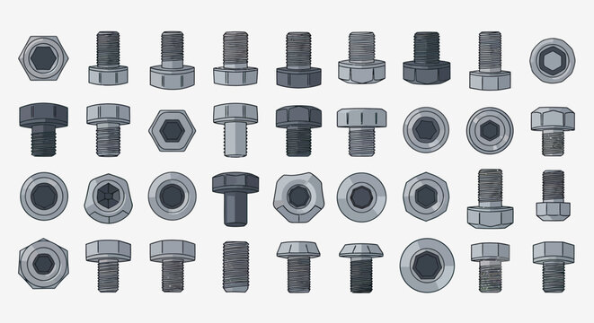 Diverse gray metal bolts and screws, illustrated with hex and socket heads, visible threads, and varying sizes and styles.