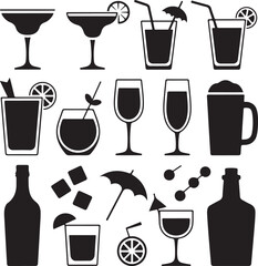 Various cocktail glasses and ingredients in black and white silhouette