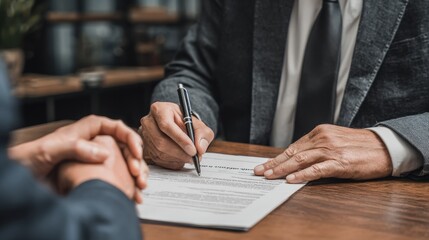 Two businessmen sealing a deal: close-up of a hand signing an important legal document or contract with a pen, representing agreement, transaction completion, mortgage closing, corporate negotiation.