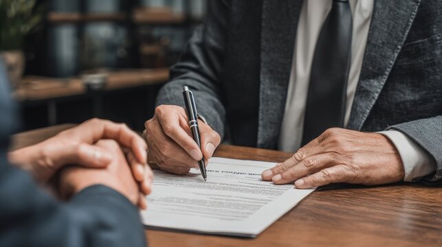 Two businessmen sealing a deal: close-up of a hand signing an important legal document or contract with a pen, representing agreement, transaction completion, mortgage closing, corporate negotiation.