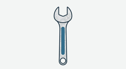 Stylized grey wrench graphic with internal gear pattern and blue handle accent