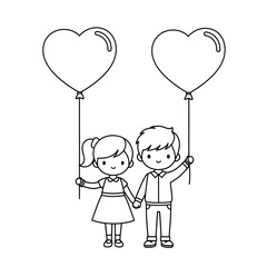 Cute cartoon couple holding heart balloons and hands on white background love hearts