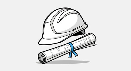 White Hard Hat and Rolled Blueprint with Blue Ribbon Vector Illustration