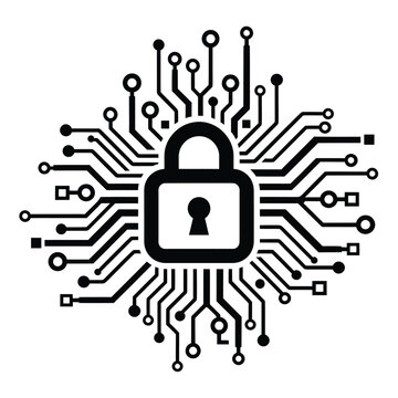 Digital padlock integrated with circuit board lines and nodes abstract binary
