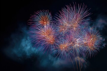 Orange and Pink Fireworks with Smoke on Night Sky