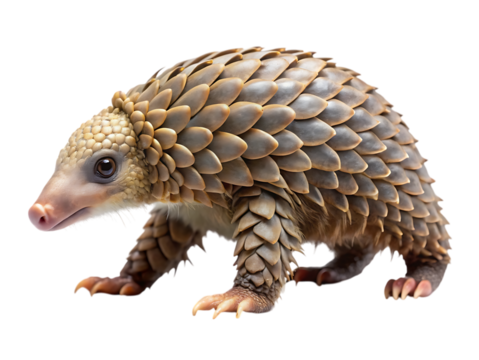 Adorable baby pangolin walking side view revealing unique scaly texture and cute face in isolation