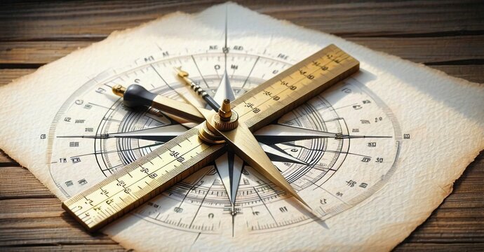 Vintage compass rests upon aged map. Brass instrument shows direction, navigation tools suggest exploration, history. Detailed design, warm tones.