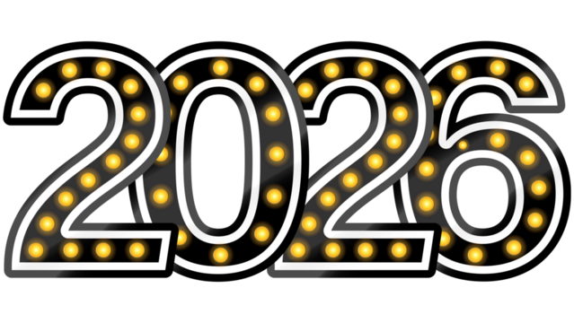 2026 new year black numbers with glowing yellow lights festive design